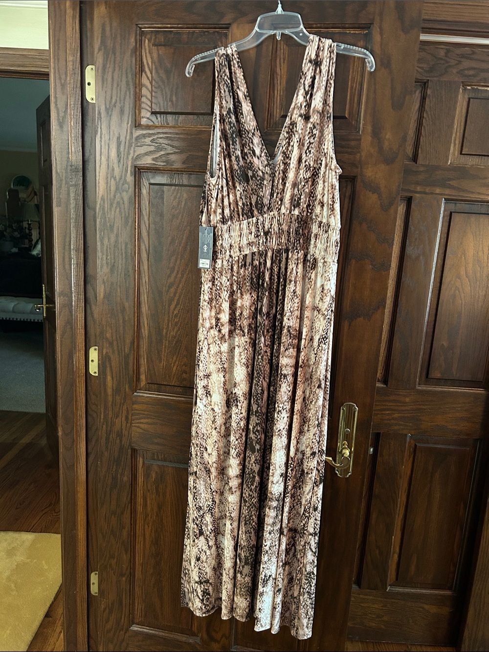 Jennifer Lopez Brown Snake-Print V-Neck Maxi Dress with Gathered Waist